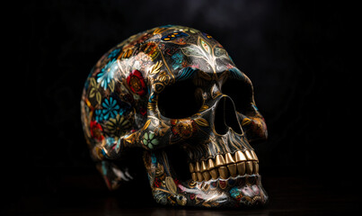 Typical Mexican skull painted isolated on black background. Panorama view. Dia de los muertos.
