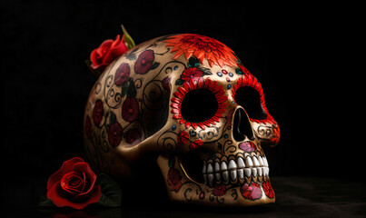 Typical Mexican skull painted isolated on black background. Panorama view. Dia de los muertos.