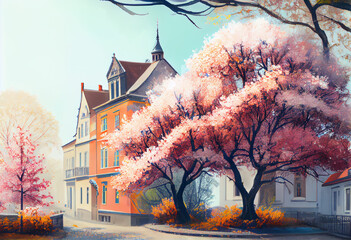 street in the city, spring street in a European city, cherry blossoms, apple blossoms in the European city, spring, digital illustration generative AI