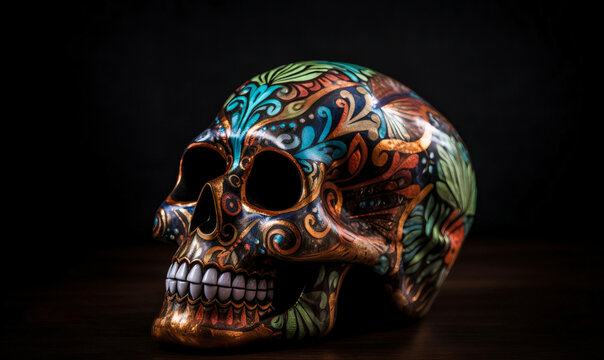 Typical Mexican skull painted isolated on black background. Panorama view. Dia de los muertos.