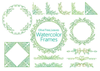 オリーブの実と葉を使ったフレーム、飾り、コーナーのセット。水彩風、ベクター素材。
