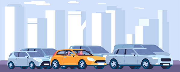 Man and woman couple stuck in traffic jam on highway. Cars crowded street. City transportation. Downtown scenery with skyscrapers and transport. People drive on roadway. Vector concept