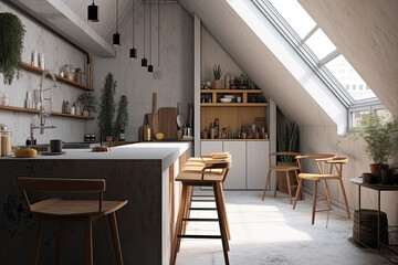 Fototapeta na wymiar Interior design of the attic kitchen elegant and modern model