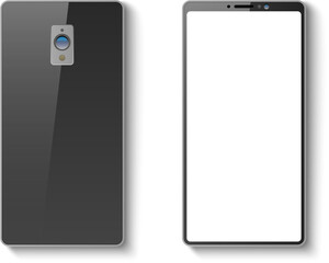 Office stationery. Realistic smartphone. Empty interface screen. Front and back view of mobile device. Phone design. Business gadget. Cellular communication. Vector isolated objects set