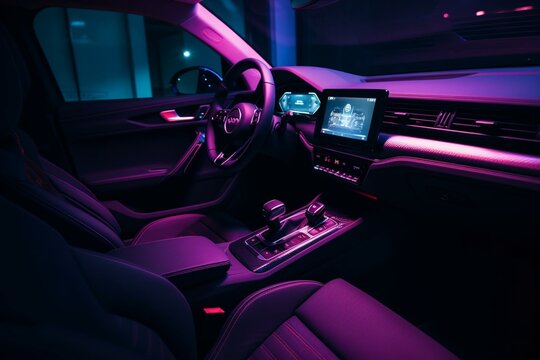 View of car driver seat interior with black leather cockpit and violet ambient lighting. Generative AI