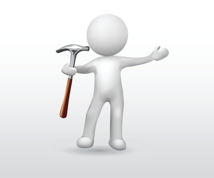 3d small people with hammer. 3d vector image design isolated white background.