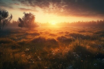 Obraz na płótnie Canvas Artistic digital depiction of a stunning sunrise above a lush field, perfect as an illustration background for cards. Generative AI
