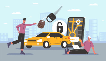 Taxi service. Mobile application for car finding. Cartoon people characters calling automobile to specific address. Men with auto key. Cab request. Smartphone app users. Vector concept