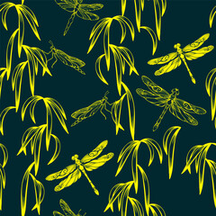 Dragonfly and leaf. Seamless pattern with tropical leaves, dragonflies. Vector.