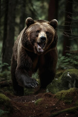 Obraz na płótnie Canvas Brown bear in the wild. Kamchatka Forest. Wild Grizzle bear roaring aggressively running towards camera generative ai