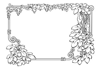 Botanical border with tropical plants. Outline floral frame. Vector