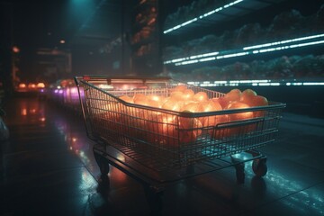 Futuristic online supermarket with illuminated shopping cart brimming with fresh produce. Generative AI