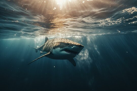 A shark emerging from the deep ocean to attack. Generative AI