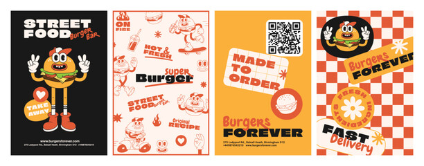 Burger retro cartoon fast food posters and cards. Comic character slogan quote and other elements for burger bar cafe restaurant. Menu, invitation, stories template. Groovy funky vector illustration. - obrazy, fototapety, plakaty