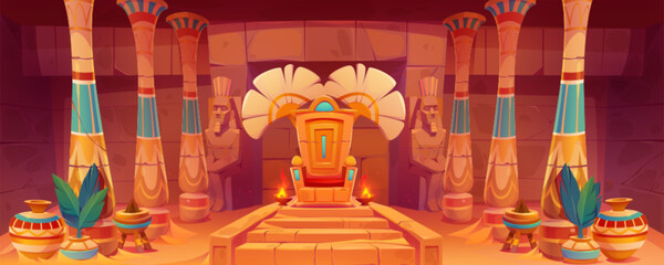 Ancient throne room in Egyptian palace. Vector cartoon illustration of antique pharaoh chair, stone guard statues, palm leaves in antique vases. Old temple interior with hieroglyphs on stone walls