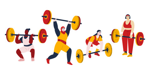 Group of female weightlifters lifting weight. Set of strong women holding barbells. Heavy athletes doing exercises in fitness training. Vector flat illustration isolated on a white background