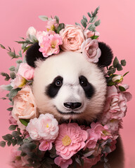 Pastel pink animal concept, love animal covered with fresh spring flowers all over its body. Pink cute baby panda. Illustration. Generative AI.