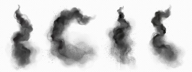 Realistic set of black smoke trails isolated on transparent background. Vector illustration of abstract ash clouds with particles flying in air. Plane, rocket, missile launch effect. Explosion smog - obrazy, fototapety, plakaty