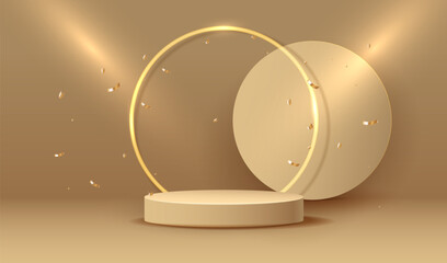 Studio empty place to display product with gold geometric circles vector background. Cosmetic commercial place with golden podium design.