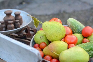 Old scales weighting fruits and vegetables