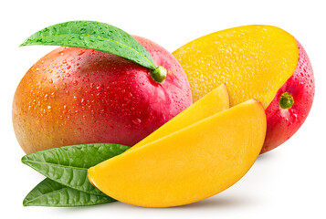 Mango with a leaf exotic fruit with slice isolated on white background. Clipping Path. Full depth of field..