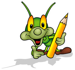 Cute Happy Green Beetle with Yellow Crayon in his Hand