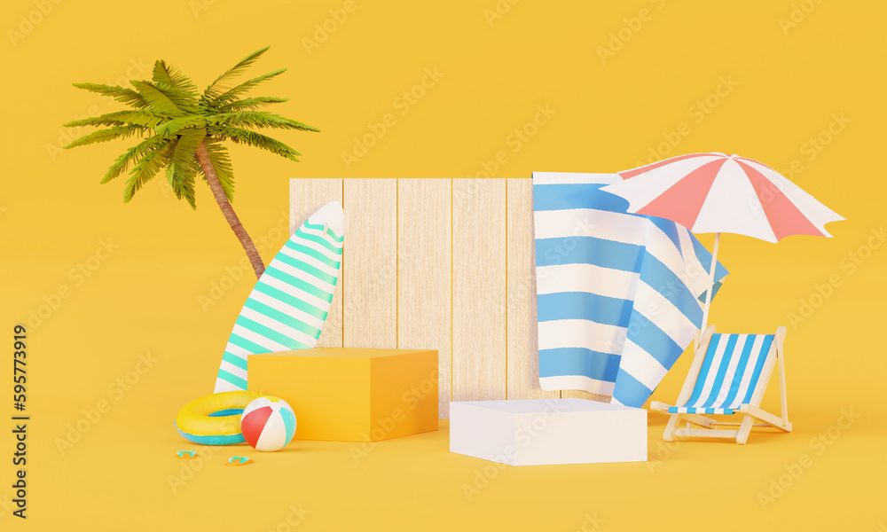 Wall mural summer vacation beach abstract background concept, minimal realistic display podium for product mock