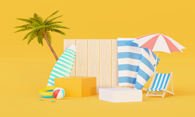 Obraz premium Summer vacation beach abstract background concept, Minimal Realistic Display Podium for Product mock-up or Cosmetics with summer theme, beach umbrella, sand, chairs, inflatable ring. 3d rendering