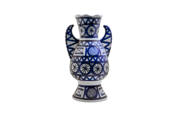 Large blue ceramic vase with Arabic patterns, isolated on a white background. White with blue abstract pattern amphora stands in a niche wall. Vase in Arab style, on a pedestal.