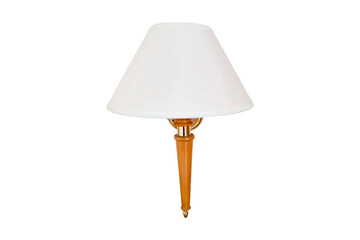 Wall lamp with white cone shade, copy space, isolated on a white background. Part of the interior in the hotel room. Lamp with a wooden stem attached to a beige wall.