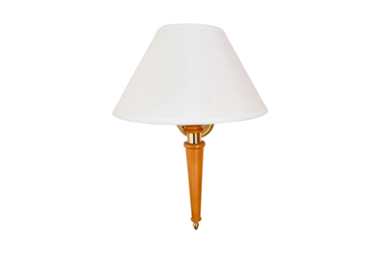 Wall lamp with white cone shade, copy space, isolated on a white background. Part of the interior in the hotel room. Lamp with a wooden stem attached to a beige wall.