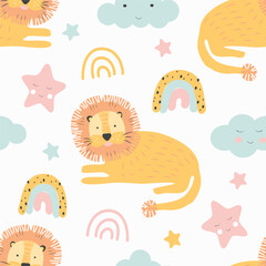 cute seamless pattern with hand drawn lions, stars and rainbows baby background in flat style, kids pattern for printing on fabric, clothing, wrapping paper