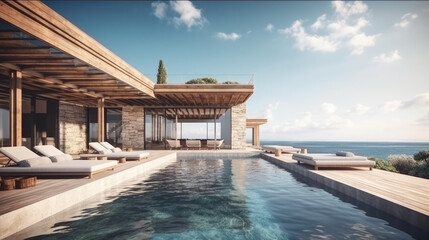 Fototapeta premium illustration of pool and villa resort or beach house. sun loungers on Sunbathing deck and private swimming pool with sea view at luxury villa resort