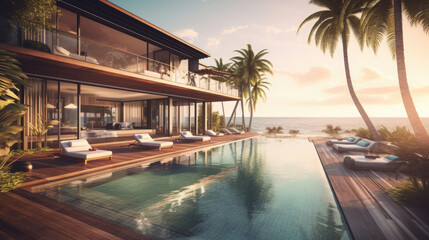 Fototapeta premium illustration of pool and villa resort or beach house. sun loungers on Sunbathing deck and private swimming pool with sea view at luxury villa resort