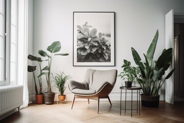 Poster frame against white wall with armchair & plants. Generative AI