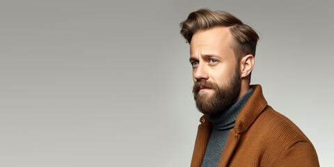 Obraz premium Man with beard a sweater on a gray background. Generative Ai