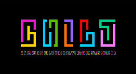 Playful font alphabet from segment colored line, game style letters and numbers, vector illustration 10EPS