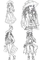 Fototapeta na wymiar Pirate girls. Set of black and white vector illustrations for coloring book..Generative AI