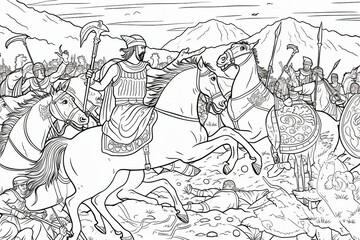 Fototapeta na wymiar Medieval battle scene with cavalry and infantry. Black and white vector illustration.coloring Book page.Generative AI