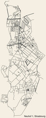 Detailed hand-drawn navigational urban street roads map of the NEUHOF 1 DISTRICT of the French city of STRASBOURG, France with vivid road lines and name tag on solid background