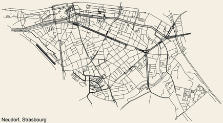 Fototapeta na wymiar Detailed hand-drawn navigational urban street roads map of the NEUDORF DISTRICT of the French city of STRASBOURG, France with vivid road lines and name tag on solid background
