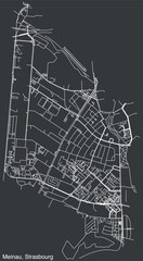 Detailed hand-drawn navigational urban street roads map of the MEINAU DISTRICT of the French city of STRASBOURG, France with vivid road lines and name tag on solid background