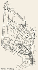 Detailed hand-drawn navigational urban street roads map of the MEINAU DISTRICT of the French city of STRASBOURG, France with vivid road lines and name tag on solid background