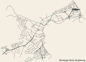 Detailed hand-drawn navigational urban street roads map of the MONTAGNE VERTE DISTRICT of the French city of STRASBOURG, France with vivid road lines and name tag on solid background
