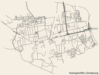 Fototapeta na wymiar Detailed hand-drawn navigational urban street roads map of the KOENIGSHOFFEN DISTRICT of the French city of STRASBOURG, France with vivid road lines and name tag on solid background