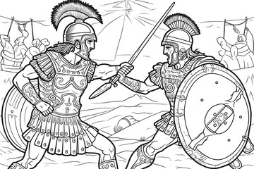 Medieval battle scene with cavalry and infantry. Black and white vector illustration.coloring Book page.Generative AI