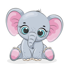 Cute baby elephant. Cartoon vector illustration.