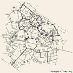 Detailed hand-drawn navigational urban street roads map of the HAUTEPIERRE DISTRICT of the French city of STRASBOURG, France with vivid road lines and name tag on solid background