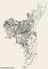 Detailed hand-drawn navigational urban street roads map of the French city of STRASBOURG, FRANCE with solid road lines and name tag on vintage background