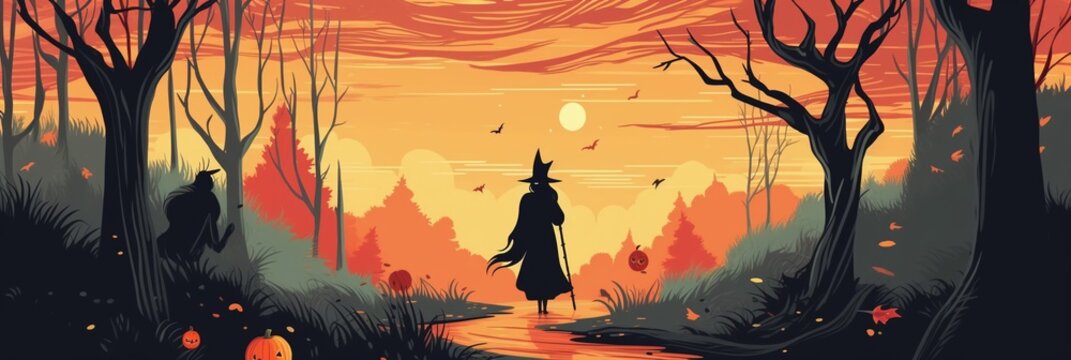 Halloween greeting card or banner design with broomstick witch and dark forest decoration; Copy space. AI generative